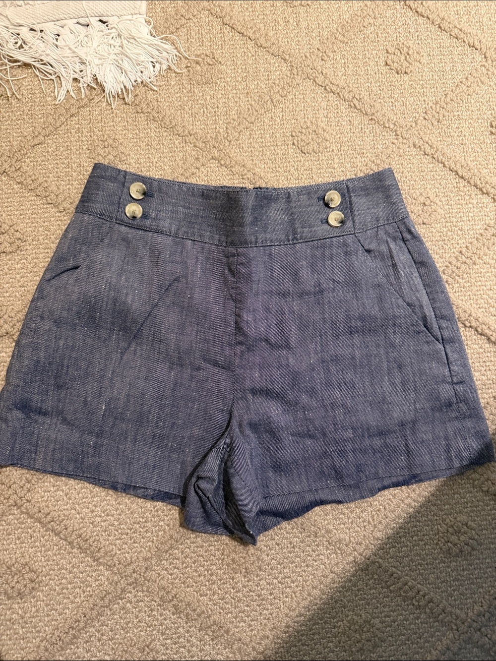 Veronica Beard Navy High-Waist Linen-Blend Shorts with Button Detail
